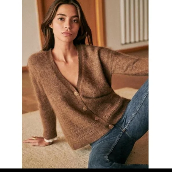 Sezane Charles Jumper Cardigan lace cuffs Sweater Brown Size S - Picture 2 of 13
